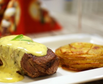 Vasikan entrecôte, bearnaise-kastike ja pommes Anna