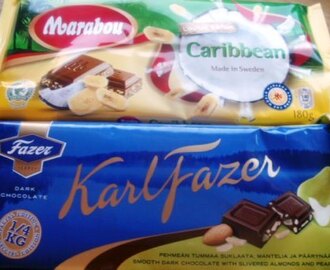 Suklaa-arviointeja: Fazerin maitosuklaa suolatuilla cashew-pähkinöillä, tumma suklaa päärynän paloilla ja mantelirouheella sekä Maraboun kookos-banaanilastu
