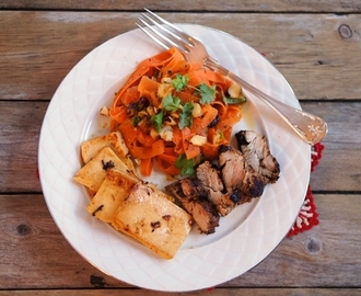 Välimeren possua ja pähkinäistä porkkanasalaattia /Mediterranean pork with nutty carrot salad