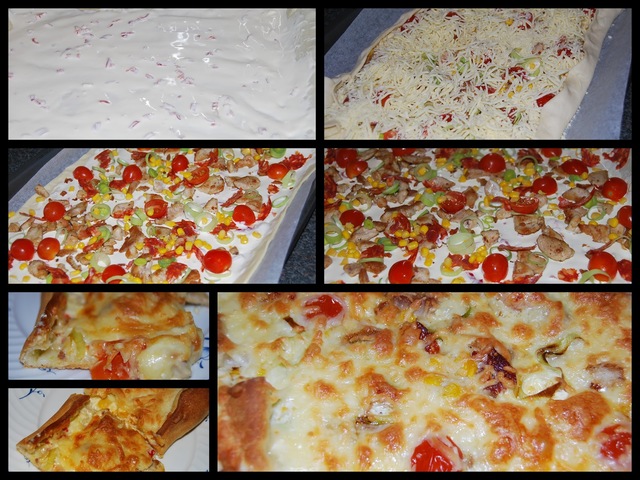 Pizza med creme fraiche, kylling og chorizo