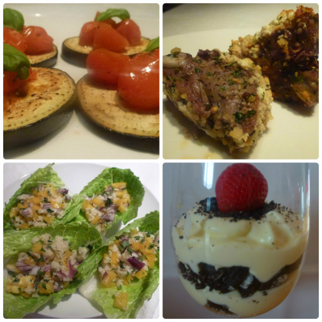 Treretters meny med aubergine med tomat og hvitløk, lammekjøtt med fetaost, hjertesalatblader med couscous og Oreodessert