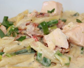 Kremete Laks, bacon og reke pasta