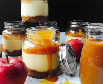 American cheesecake in a jar with norwegian apples and delicious salty caramel sauce