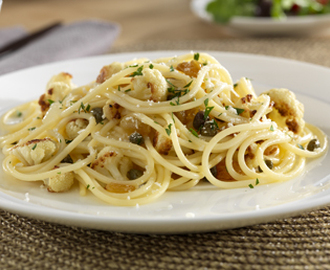 Barilla glutenfri spaghetti med stekt blomkål, kapers og rosiner