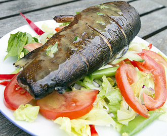 Varmrøkt ørret med salat og timiansvinaigrette