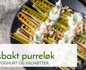 Bakt purreløk med dillyoghurt og valnøtter