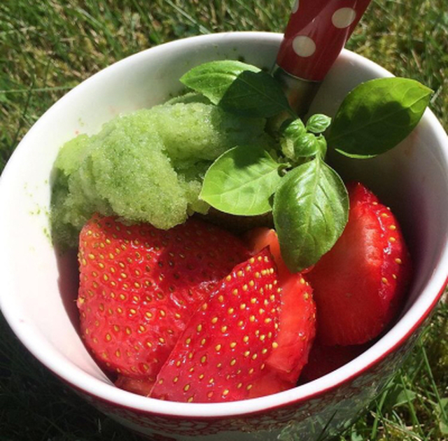 Basilikumsorbet og jordbær, sommerlig og friskt