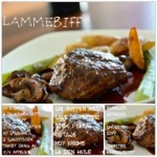 Lammebiff med sprøstekte mandelpoteter, blansjert asparges, stekt sopp og portvinssaus