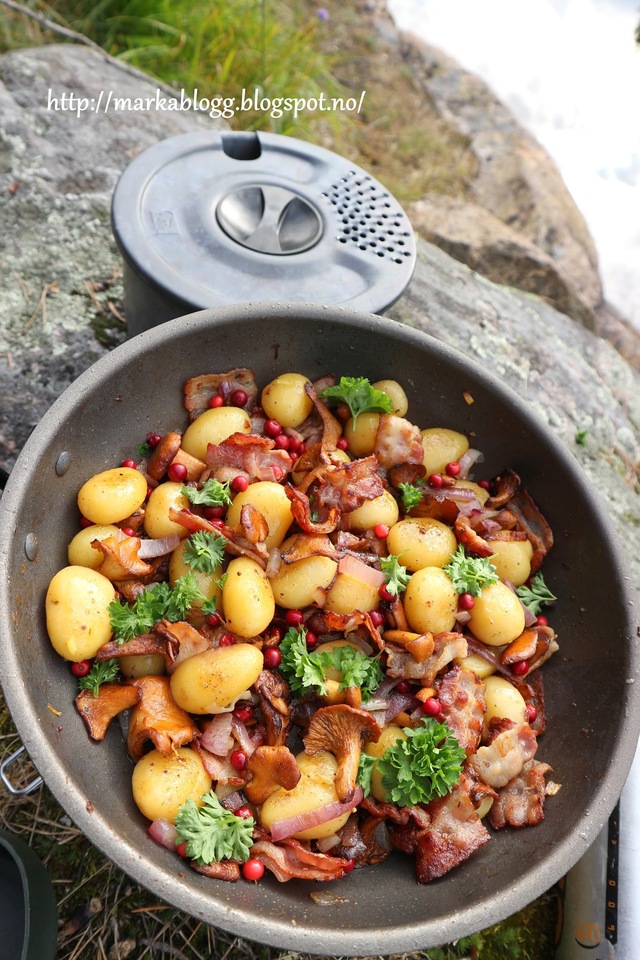 Turmat - Stekte småpoteter med nyplukka kantareller, bacon og rødløk