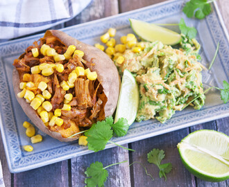 Pulled jackfruit i bakt søtpotet