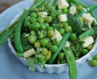 Lunt tilbehør av erter, grønne bønner, feta og mynte