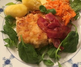 Fiskegrateng med reker og bacon