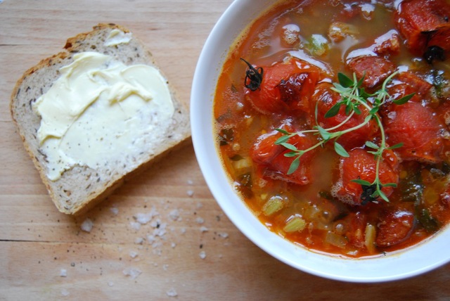 A Rainy Day Soup: Chorizo, lentil & roasted cherry tomatoes with thymes