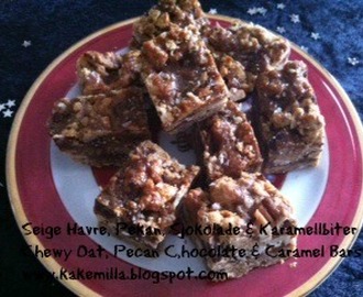 Seige Havrebiter med Pekan, Sjokolade & Karamell (Eggfri) / Chewy OatBars with Pecans, Chocolate & Caramel (Eggless)