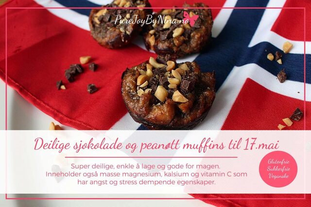 Deilige glutenfrie og sukkerfrie peanøtt og sjokolade muffins til 17.mai