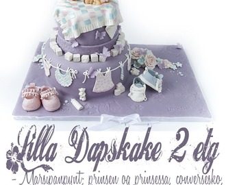 Lilla 2etg Dåpskake – prins, prinsesse, babysko, nusselige babyklær etc i marsipan… {Bildedryss}