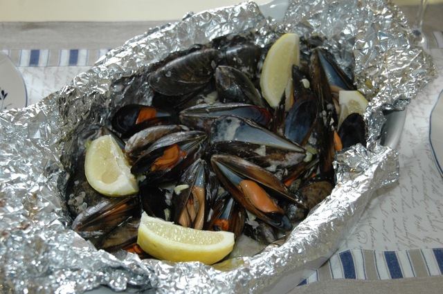 Blåskjell og scampi på grillen