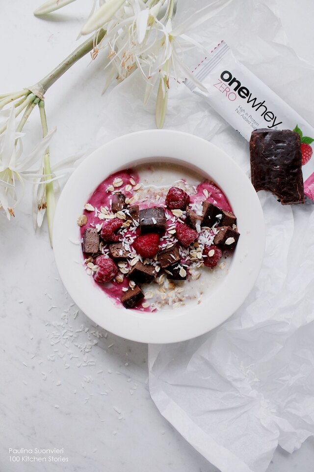 Oatmeal with Raspberry Smoothie, Coconut Flakes and Raspberry Chocolate Bar