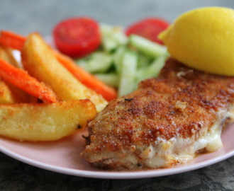 Panerad & fylld schnitzel med ugnsrostade rotsaker