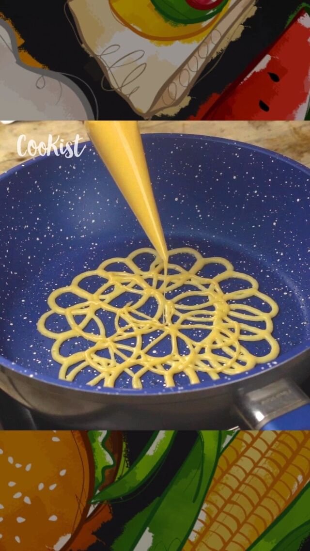 Cookist Wow on Instagram: “1 Crepes  INGREDIENTS Eggs  Pipping bag  METHOD Beat two eggs and pour into a piping bag. Shape spirals in a pan, roll up.…”