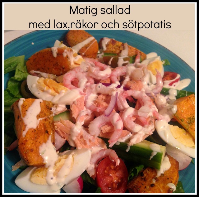 Matig sallad med lax,räkor och sötpotatis