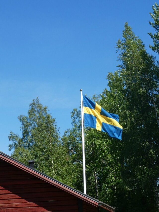 Svenska flaggor vajar i vinden