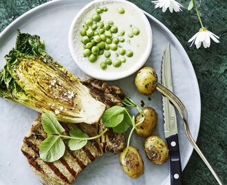 Biff med rostad potatis och filmjölksdressing