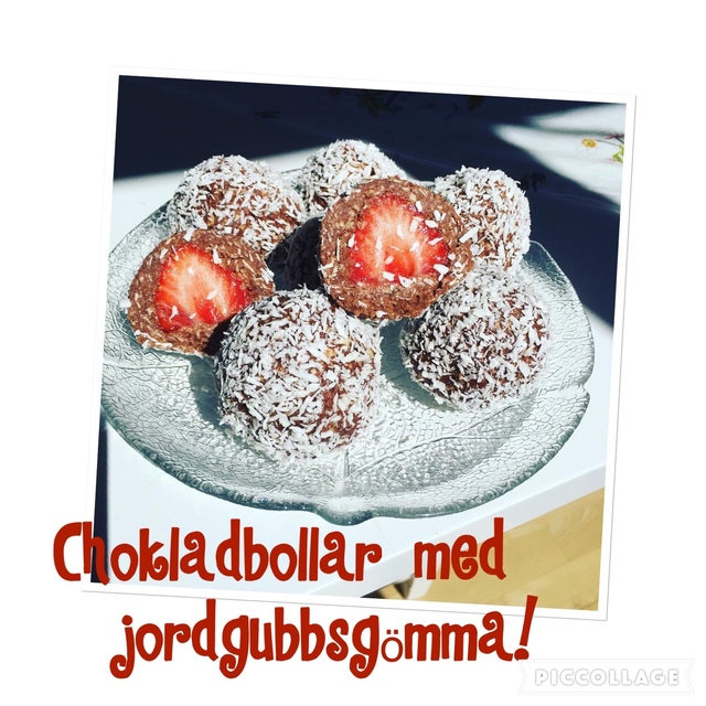 Recept på chokladbollar med jordgubbsgömma!