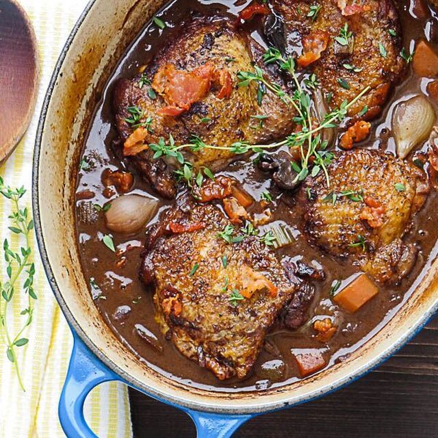 Coq Au Vin For Two (Chicken In Red Wine Sauce) | Recipe | Braised chicken thighs, Recipes, Chicken thigh recipes