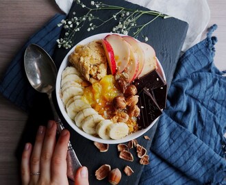 Vanilla Steel Cut Oats with Homemade Orange Jam, Banana, Chocolate and Hazelnuts