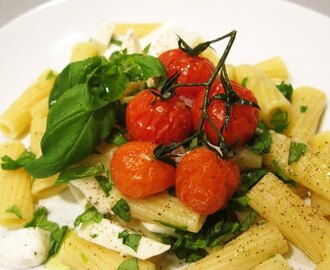 Tortiglioni med mozzarella, färsk basilika och ugnsgrillade tomater