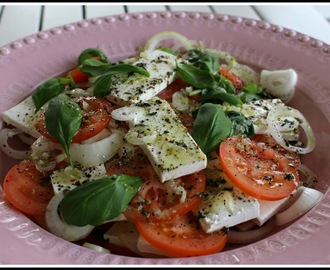 Sallad med fetaost, tomat, lök och basilika