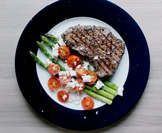 Pepper Steak with Asparagus, Cherry Tomato & Feta Cheese Salad