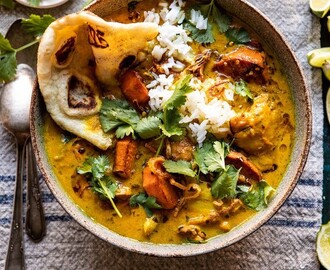 30 Minute Coconut Milk Braised Chicken with Sweet Potatoes and Rice.