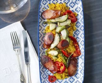 Paella på bulgur med chorizo och grönsaker