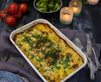 Snabblagad fiskgratäng med torskrygg, purjolök och dill