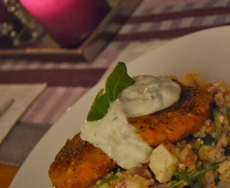 Jordnöt- och morotsbiffar med bulgursallad och tzatziki