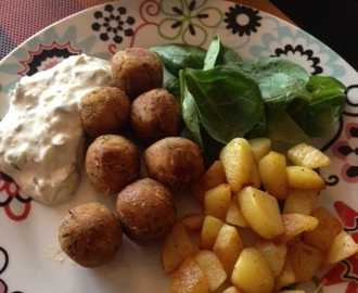 Falafel med stekt potatis och jalapeñotzatziki