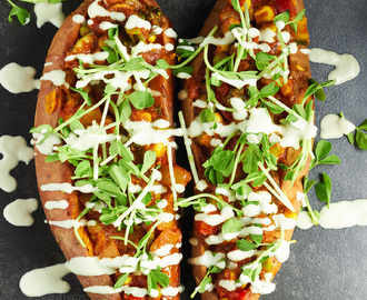 Korma Stuffed Sweet Potatoes with a Garlic Tahini Dressing