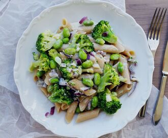 Gluten Free Vegan Creamy Penne with Soy Beans and Broccoli