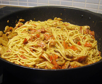 Snabb spagetti med bacon, svamp och färska tomater