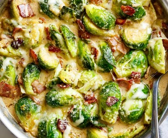 Creamy Garlic Parmesan Brussels Sprouts with Bacon