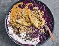Blueberry Chia Bowl with Warm Banana and Sesame Brittle