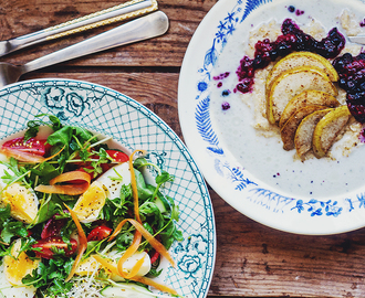 Tips på härlig och hälsosam frukost! Bovetegröt med stekta päron och äggsallad med örter