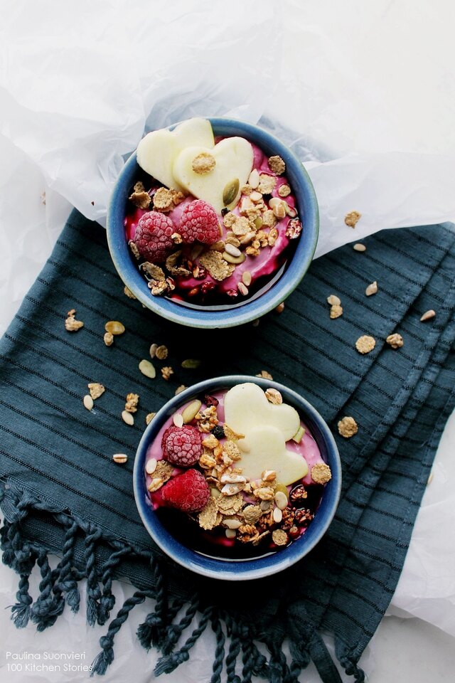 Raspberry & Cinnamon Smoothie Bowls with Bluberry Juice, Chia Muesli, and Apple Hearts