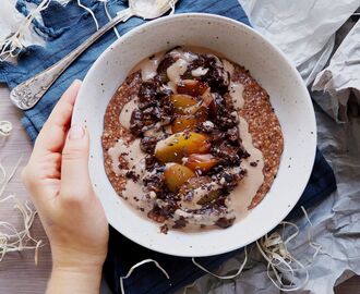 Vegan Chocolate Porridge with Raw Chocolate Mousse,, PB Caramel Sauce & Plums