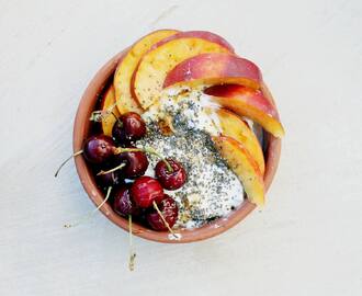 Greek Yoghurt Breakfast Bowl with Peach, Cherries, Chia Seeds and Honey