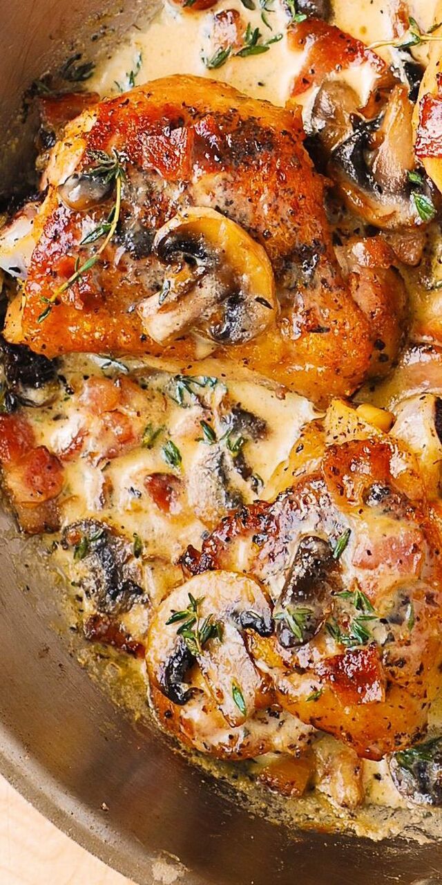 Chicken Thighs with Creamy Mushroom and Bacon Sauce | Chicken dinner recipes, Chicken recipes, Chicken dinner