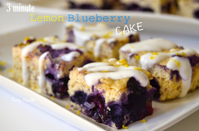 3 minute Lemon blueberry cake with vanilla drizzle