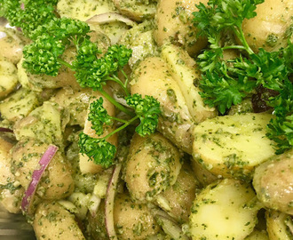 Vårkänslor - Färskpotatis sallad med pesto, röd lök och kapris, 4 port